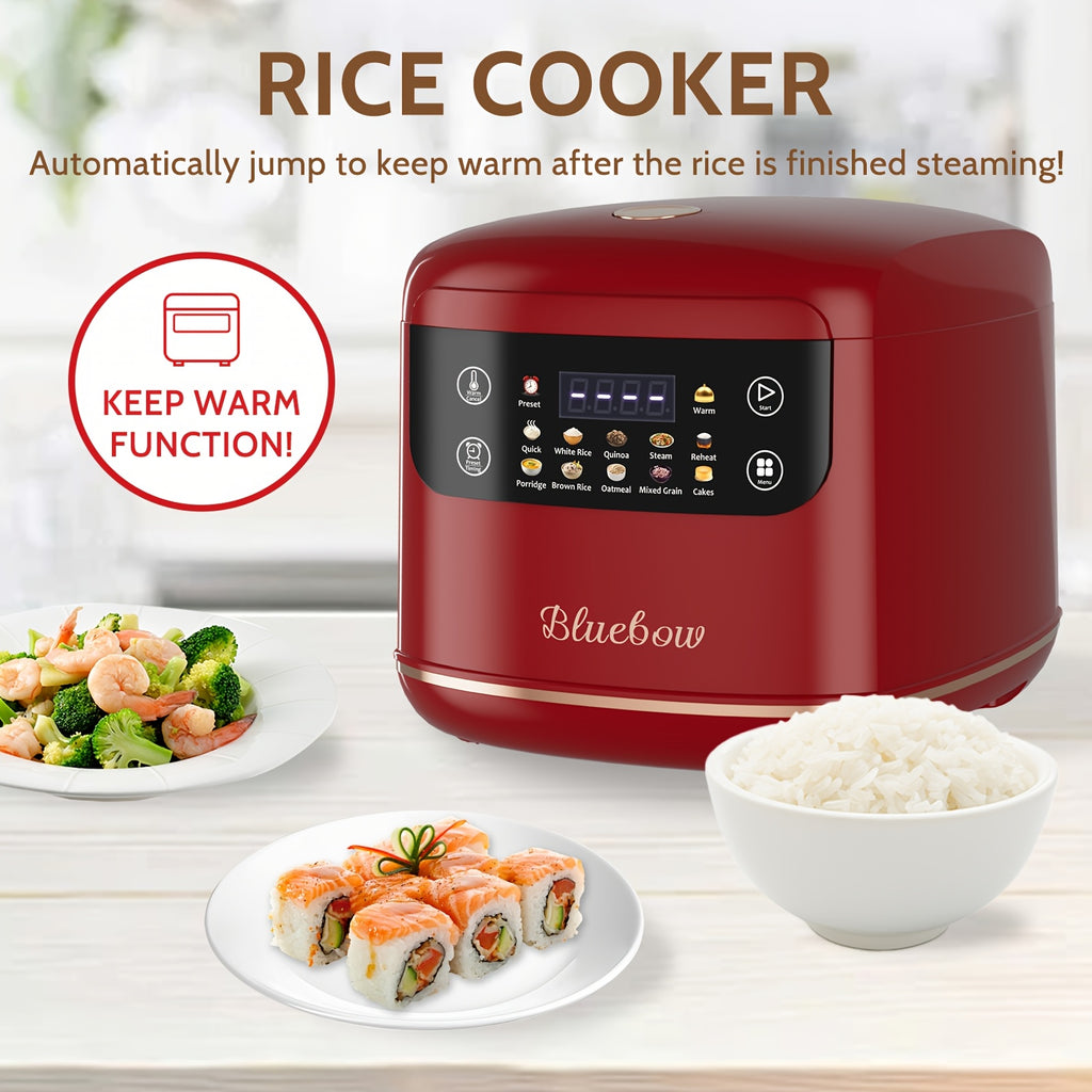 Mini Digital Rice Cooker with Listed 67.63 Oz Capacity, Ten-in-One Presets, Touchscreen and Nonstick Inner Pot with Delay and Keep Warm in Red or White Options