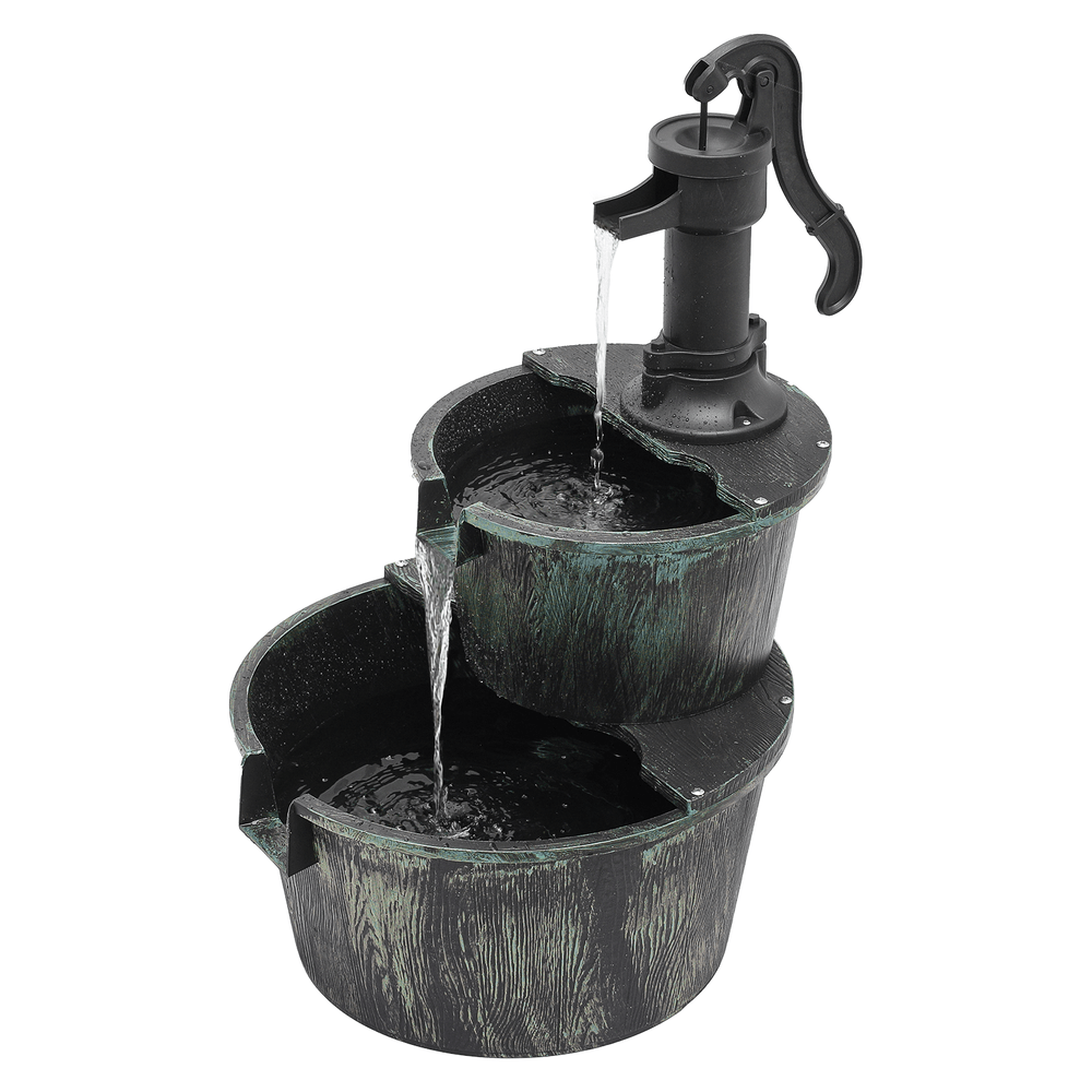 Outdoor Barrel Water Fountain, 27-Inch Two-Tier Rustic Waterfall with Listed 11L Capacity and IPX4 Rating in Dark Green or Bronze for Patio and Garden Decor