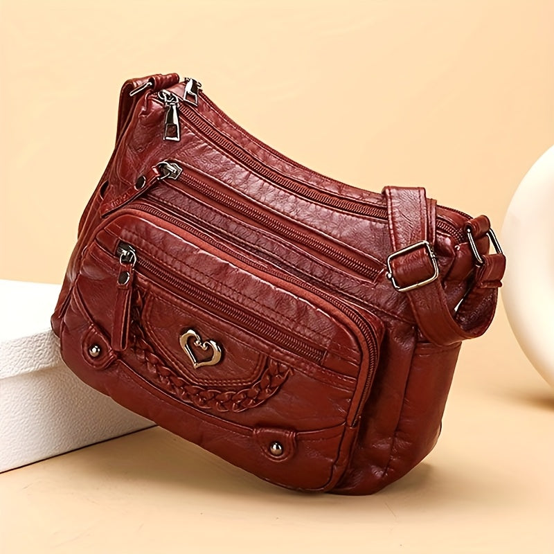 Multi-Pocket Vintage Crossbody Bag with Heart Decoration and Adjustable Shoulder Strap, Four Color Options in Grey, Black, Red or Brown for Casual Everyday Outfits