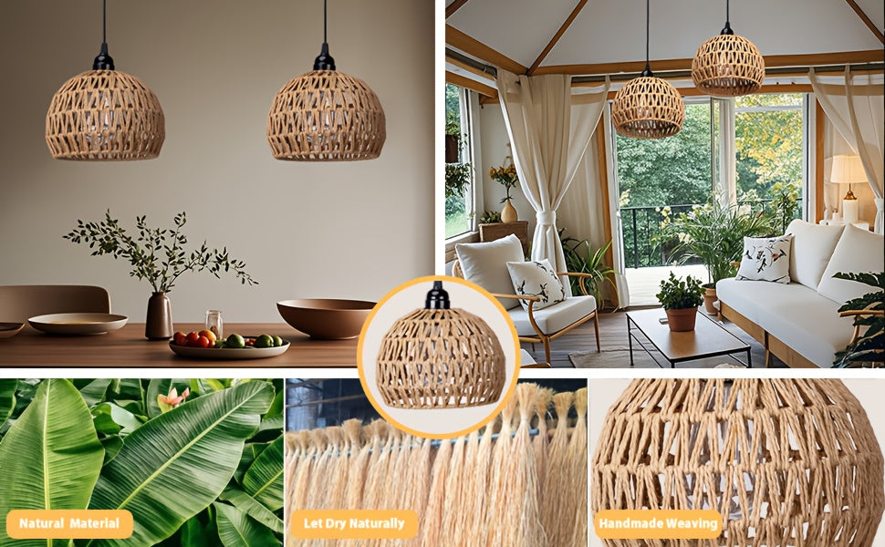 Battery Pendant Lights in a Two-Piece Woven Rattan-Style Set with Remote Control, Dimmable Warm White LED and Timer for Decorative Hanging Displays