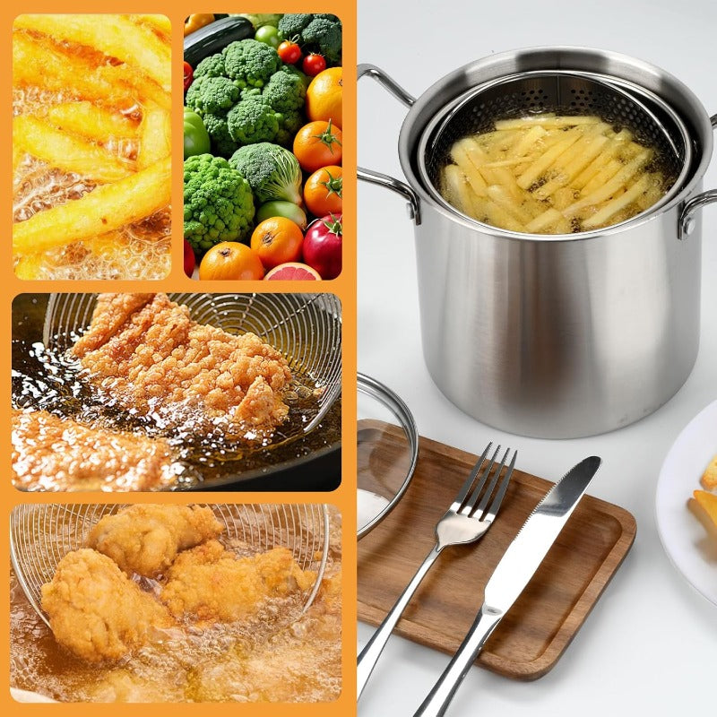 Stainless Steel Deep Fryer Pot with Lid and Basket, 3.5L/118oz Heavy Duty Large Frying Pan with Oil Drip Drainer System and Sturdy Handle, Professional Fry Pot for Home Kitchen, Restaurant, Party and Picnic Cooking