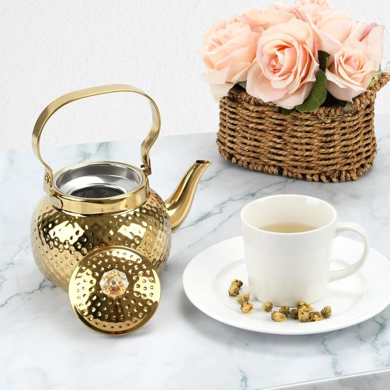 Hammered Stainless Steel Teapot with Strainer, 40.58oz Loose Leaf Tea Kettle in Gold or Silver for Home Tea Brewing & Tea Lover Gifts