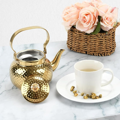 Hammered Stainless Steel Teapot with Strainer, 40.58oz Loose Leaf Tea Kettle in Gold or Silver for Home Tea Brewing & Tea Lover Gifts