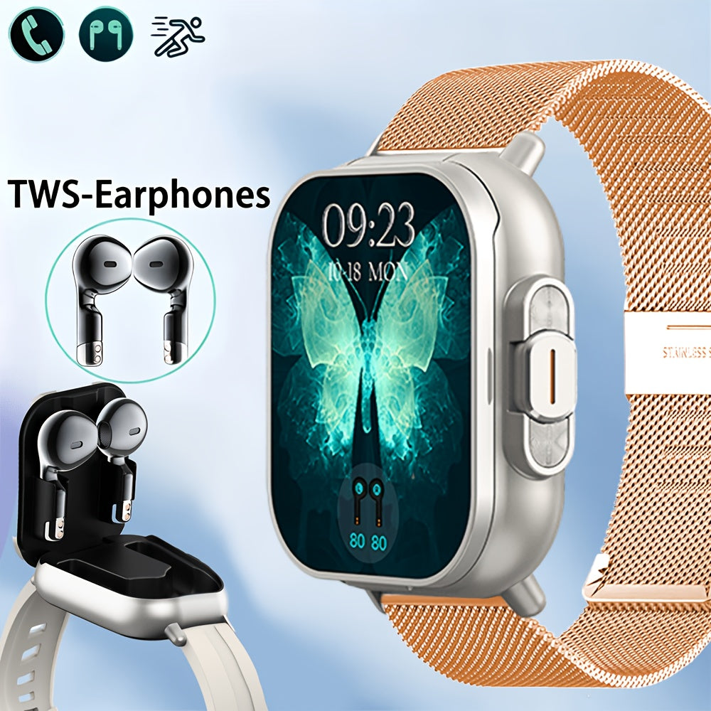 2-in-1 Smartwatch and Wireless Earbuds for Men with Music Control, Sports Modes and Activity Insights, Black or Silvery Watch and Steel Strap Options