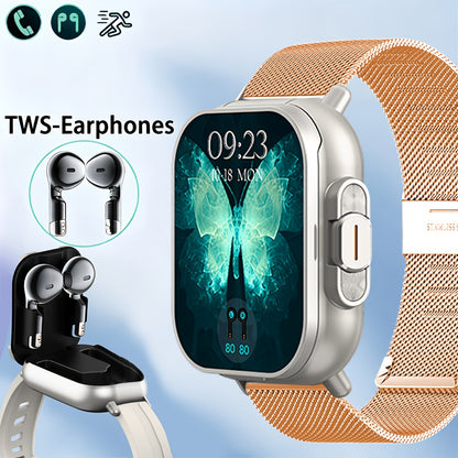 2-in-1 Smartwatch and Wireless Earbuds for Men with Music Control, Sports Modes and Activity Insights, Black or Silvery Watch and Steel Strap Options