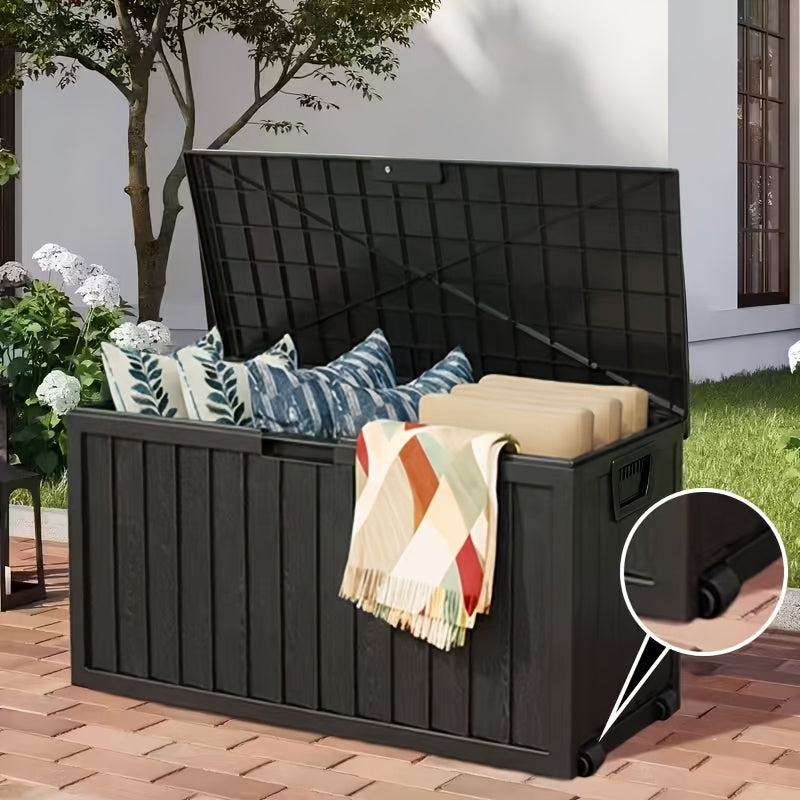 Outdoor Deck Storage Box in Black with Listed 75-Gallon Capacity, Locking Hole and Bottom Casters for Organizing Compatible Patio, Porch and Garden Essentials