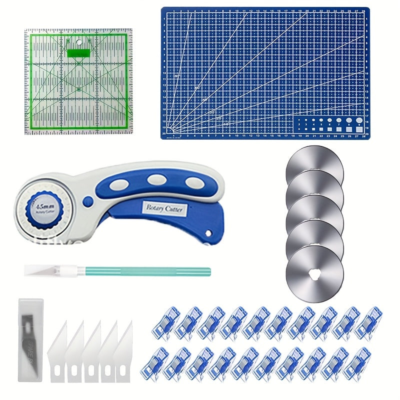 Rotary Fabric Cutter Set with Listed 45mm Blade, Five Replacement Blades, A4 Mat, Craft Knife and Acrylic Ruler in White Pink or Red for Quilting Projects