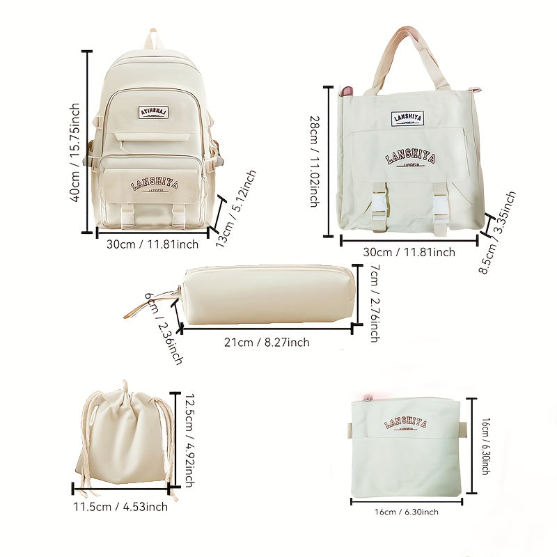 Solid-Color Canvas Backpack Set with Listed Five-Piece Format, Tote, Pencil Bag and Crossbody Wording, Four Pendant-Labeled Color Options for Student Daily Carry