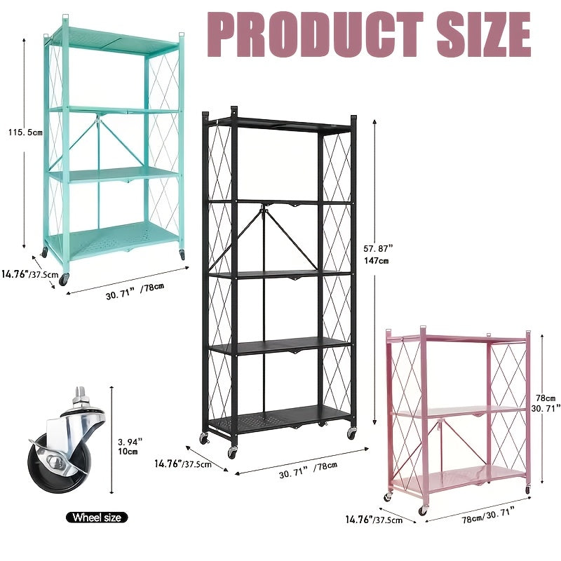 Folding Metal Shelving Unit with Listed Lockable Wheels, 3-, 4- or 5-Tier Storage Rack and Plant Stand in Black, White, Pink or Green for Home Organization