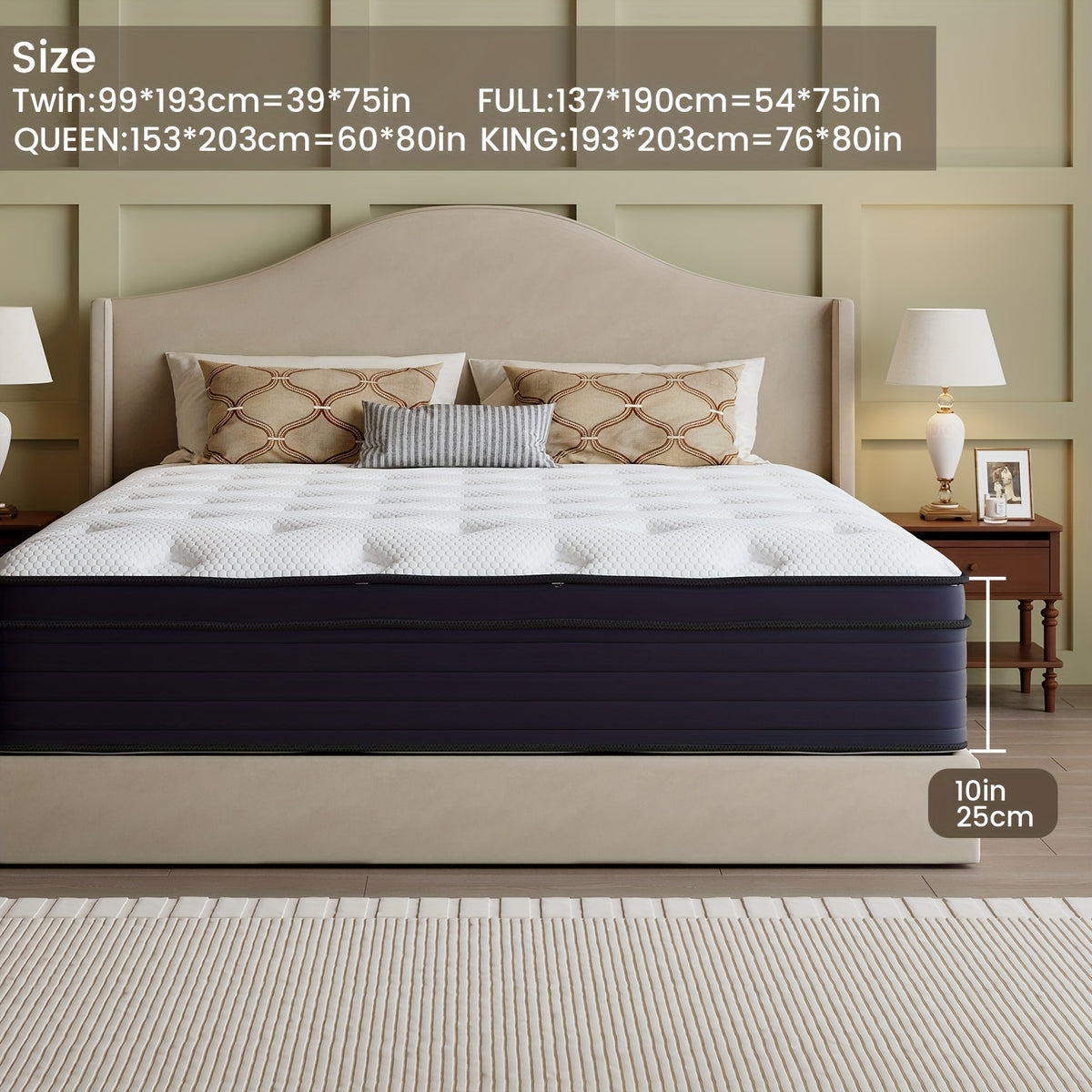 Spring and Foam Mattress with Listed Reinforced Edges and Firm Support, Twin to King Size Labels and 8, 10, 12 or 14-Inch Thickness Options for Home Bedrooms
