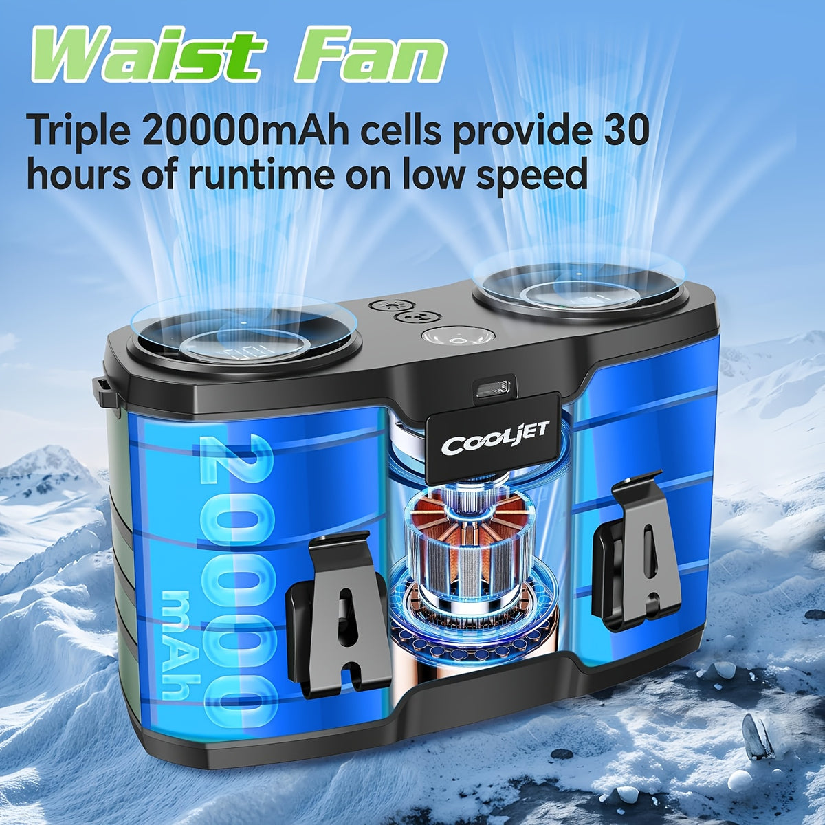 Wearable Waist Fan with Dual Air Ducts, 20000mAh Battery and 10 Speeds, USB-C Rechargeable HY-8022 with LED Light and Display for Camping, Fishing and Desk Use