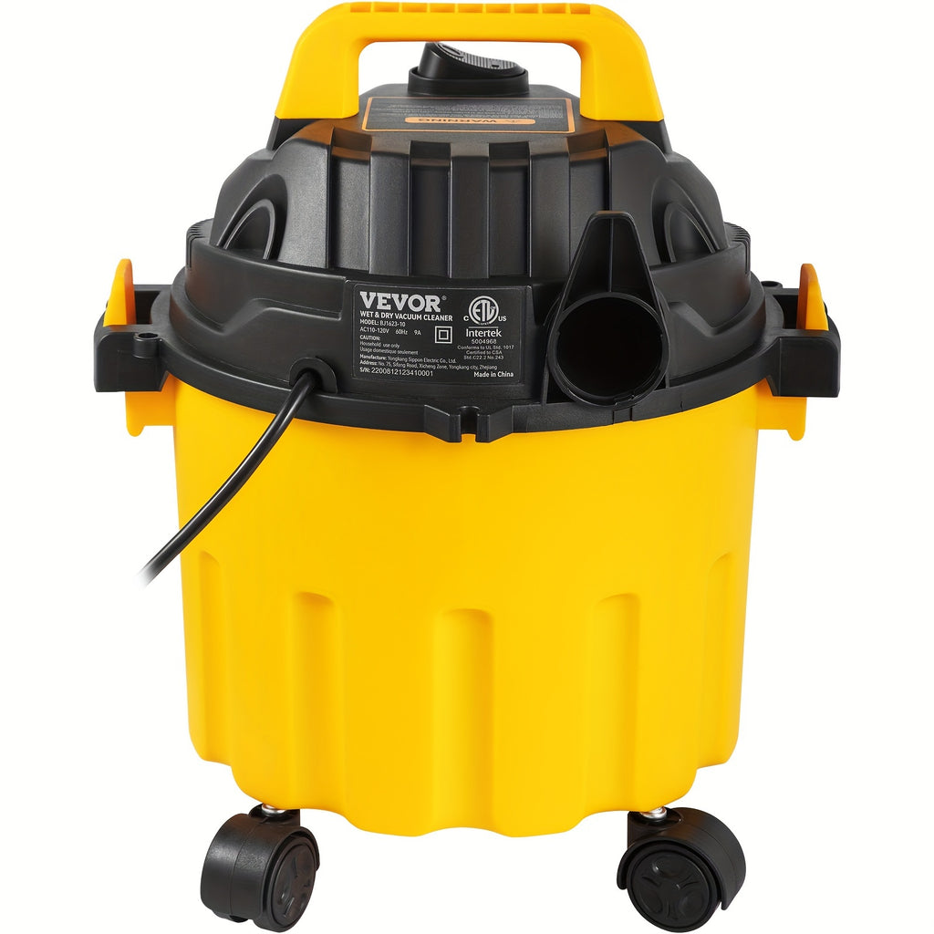 VEVOR 3-in-1 Portable Shop Vacuum 2.6 Gallon, 2.5 Peak HP Wet Dry Vac with Blowing Function and Attachments Storage, Lightweight Compact Vacuum Cleaner for Garage, Car Detailing, Workshop, Carpet, Upholstery and Home Cleanup, Black and Yellow