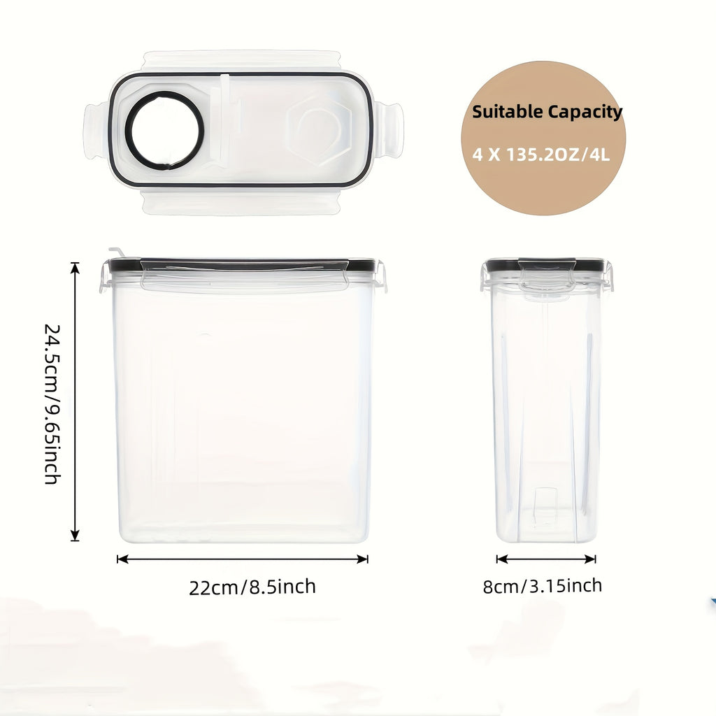 Cereal Storage Containers with Flip-Top Closures, Four Plastic Pantry Containers with Listed 135oz Capacity Each, One Measuring Cup and 20 Labels for Dry Goods