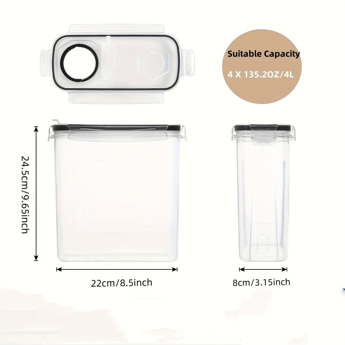 Cereal Storage Containers with Flip-Top Closures, Four Plastic Pantry Containers with Listed 135oz Capacity Each, One Measuring Cup and 20 Labels for Dry Goods