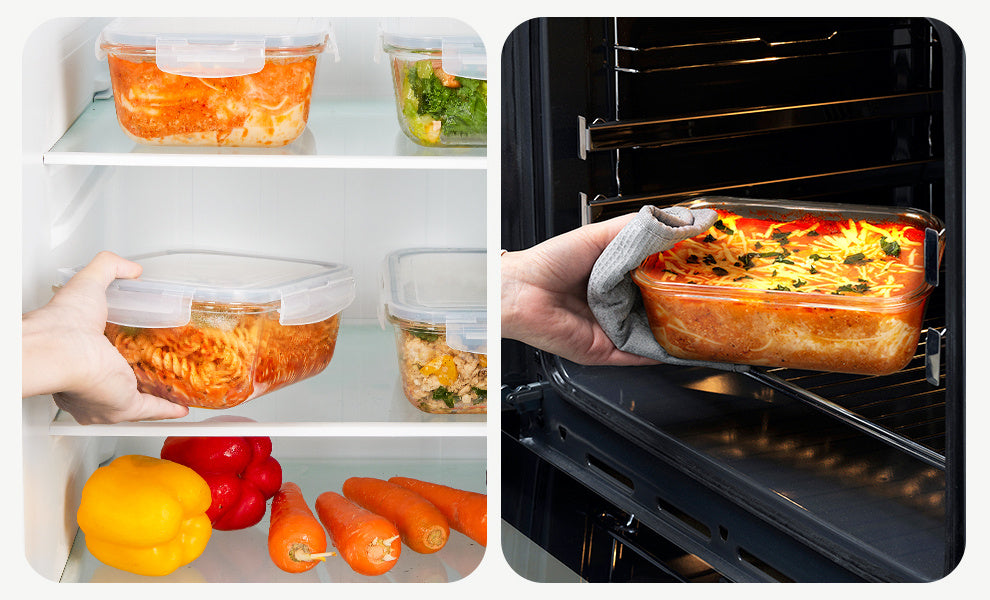 Large Glass Storage Containers for Family Meal Prep, 2-Pack 1860ml 63oz Borosilicate Containers with Hinged Lids and Removable Silicone Seals in Green or Gray