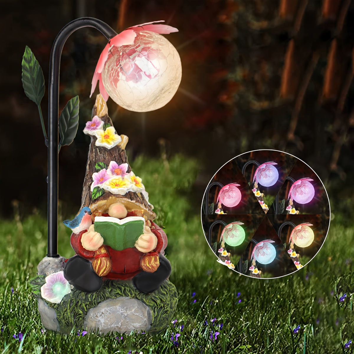 Solar Garden Gnome Statue with Colorful Gradient LED Light, Red or Blue Decorative Ornament for Patio, Balcony, Flower Bed and Yard Gift Displays