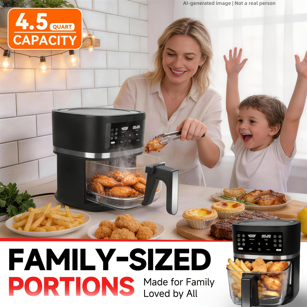 Glass Air Fryer 4.5QT, Non-Toxic 12-in-1 Air Fryer with Dishwasher-Safe Glass Basket, PFOA PFAS Free, Programmable Time and Temperature, Graphite Countertop Cooker