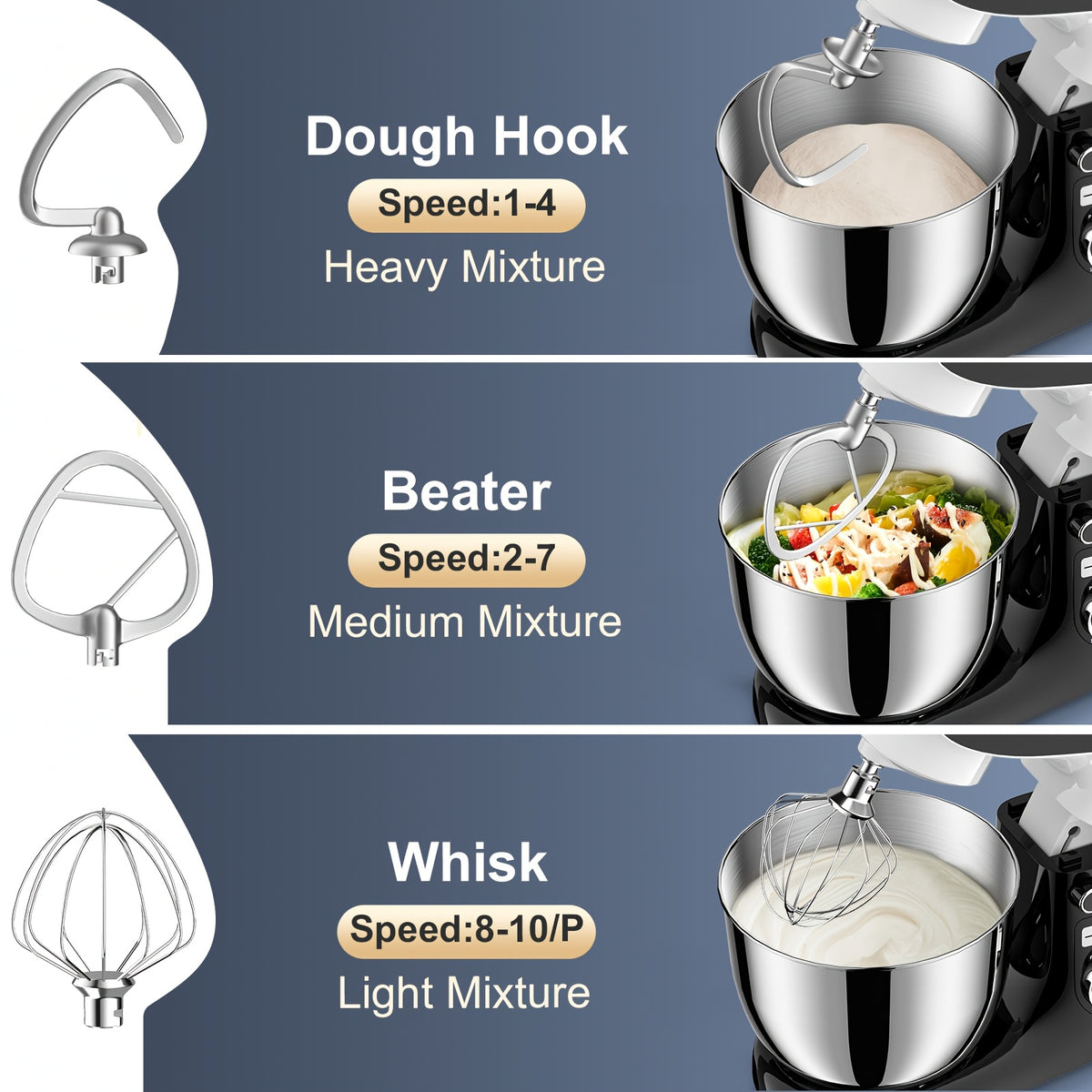 Stand Mixer 6.5 Qt with 10+P Speed Control, Whisk, Beater and Dough Hook, Electric Kitchen Baking Mixer in White Accent Color Options for Home Bakers