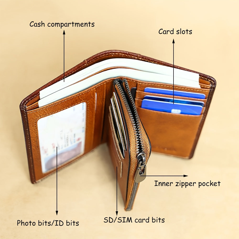 Trifold Leather Wallet for Men with Eight Card Slots, Two ID Windows, Coin Pocket and Two Banknote Sections, Yellow Brown, Black or Coffee Color for Daily Carry