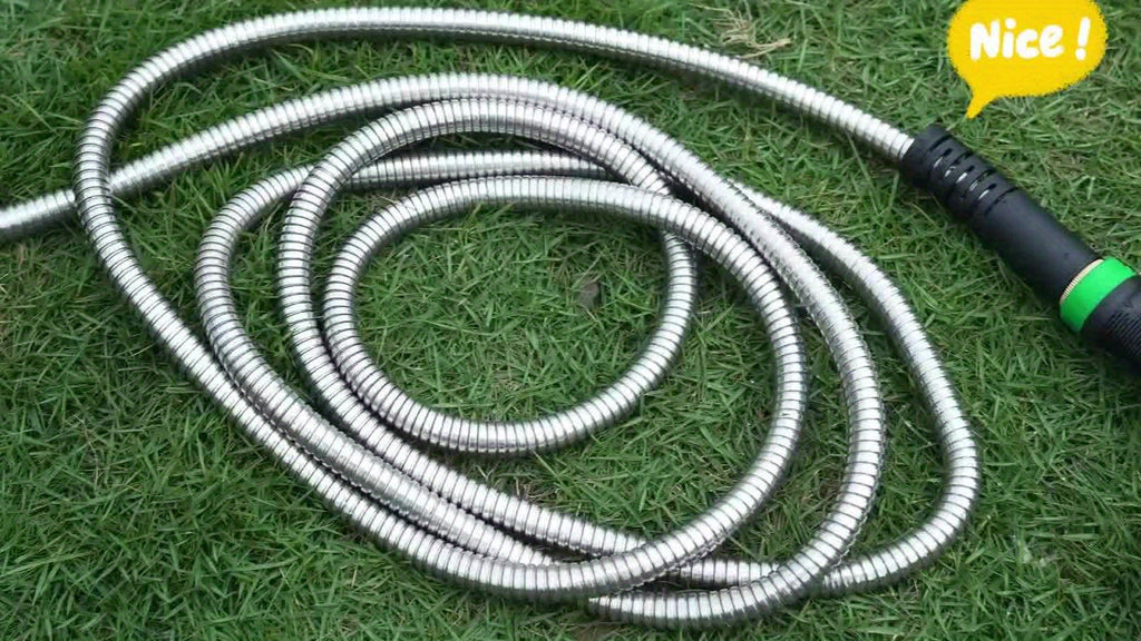 Metal Outdoor Watering Hose with Listed Stainless Steel Design, 50ft or 100ft Options and Ambiguous Three-Fitting and Ten-Function Nozzle Wording for Garden Care