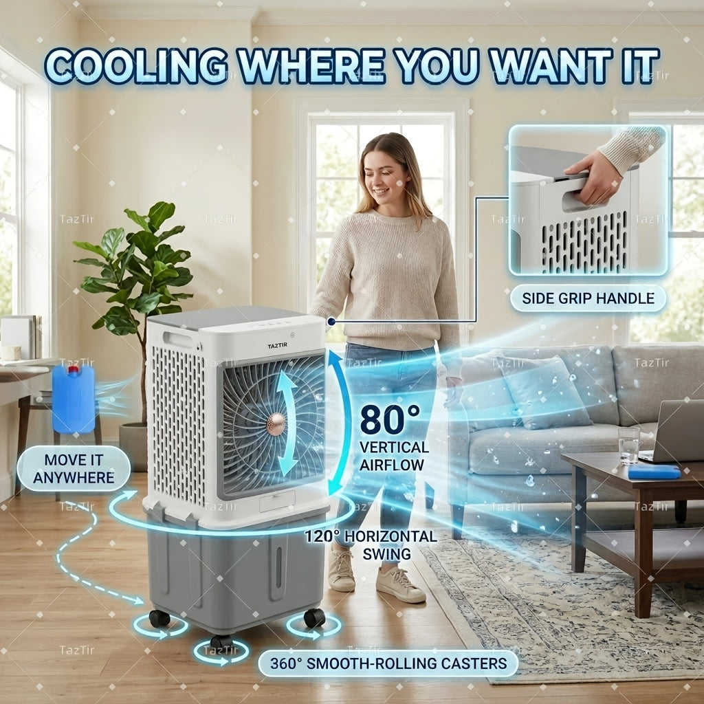 TAZTIR 2200 CFM Evaporative Air Cooler, 8.7 Gal Tank Swamp Cooler with 120° Swing, 3 Speeds, 35dB Quiet Operation and 4 Ice Packs, Portable Cooling Fan for Bedroom, Office, Patio, Garage, Warehouse and Large Spaces