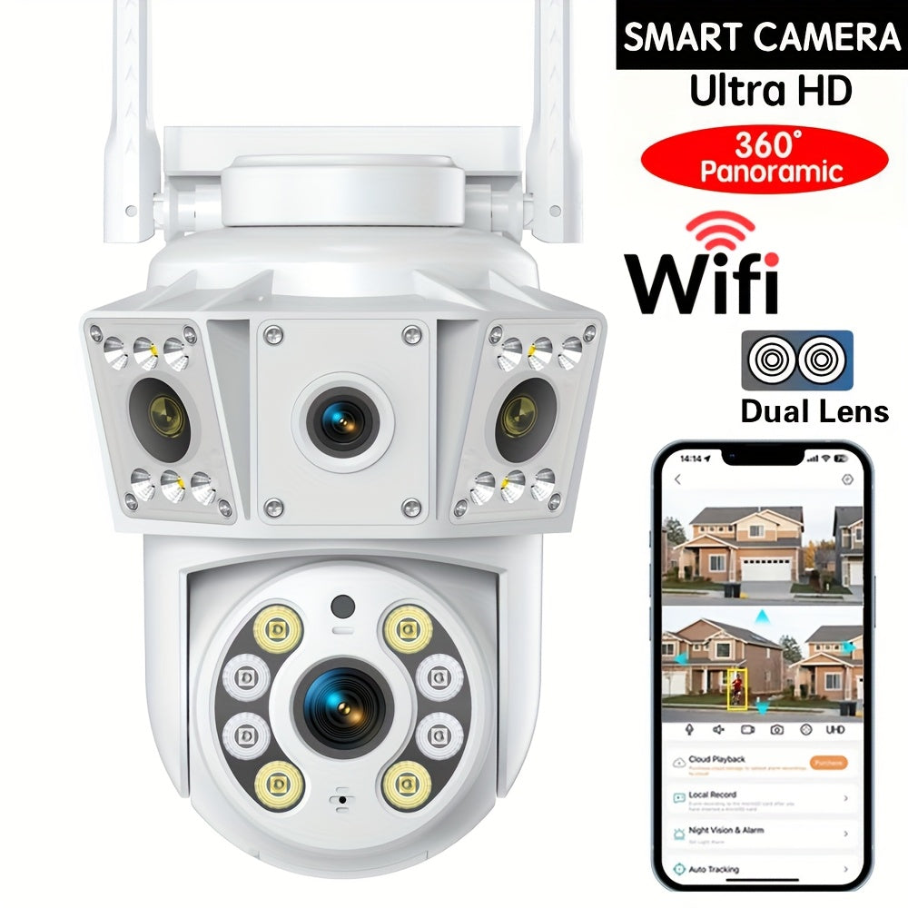 Dual-Band WiFi Surveillance Camera with Listed 6MP Dual Lenses, Human Tracking, Color Night Vision and Two-Way Audio in White for App-Based Home Monitoring