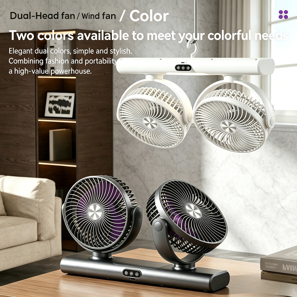 Grey Dual-Head Desktop Fan with Listed USB Charging, Three-Speed Adjustment, Multi-Angle Airflow and Ambient Night Light for Home, Office and Camping Use