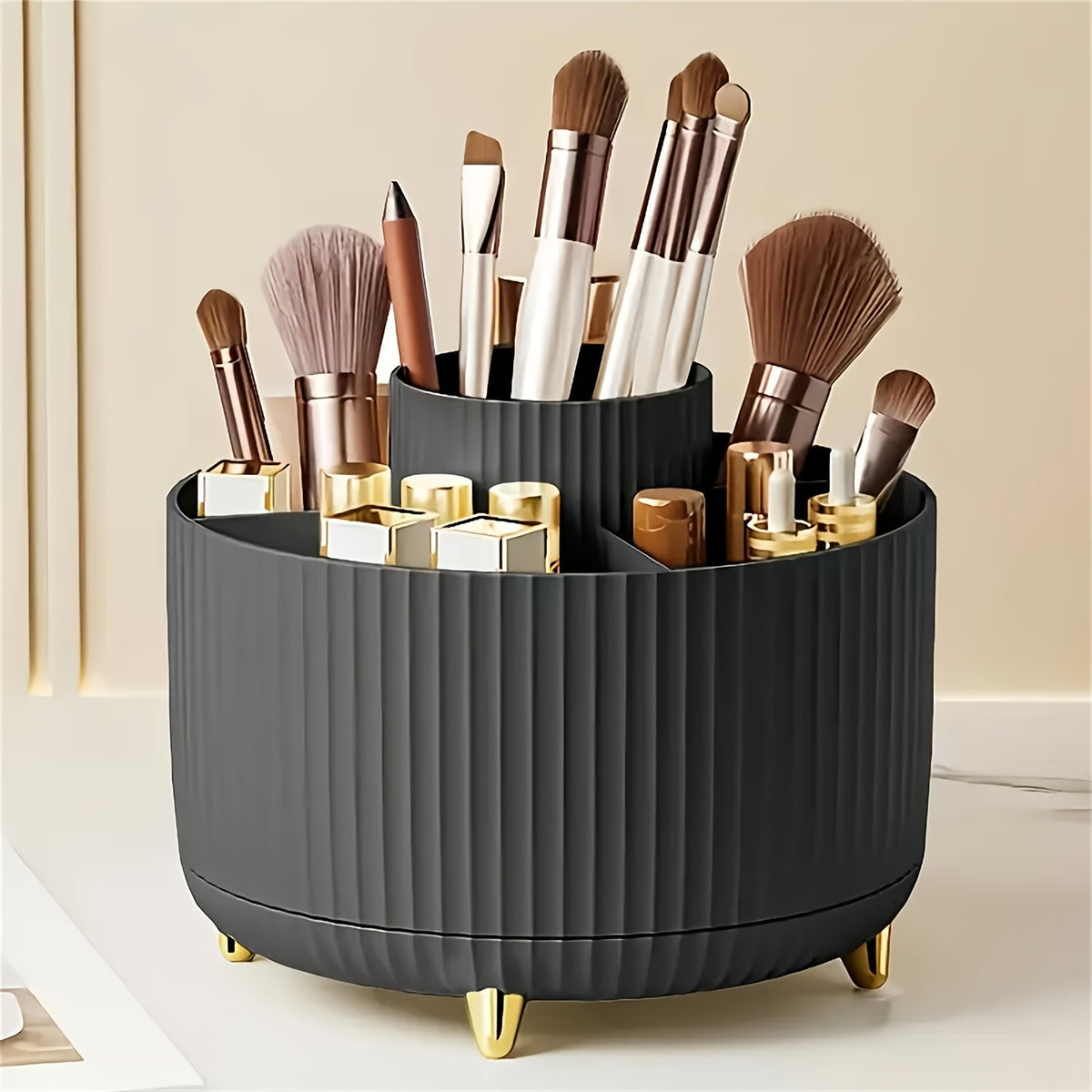 Rotating Makeup Organizer with Five Compartments, 360-Degree Plastic Cosmetic Brush and Lipstick Holder with Stripe Design for Vanity Storage and Desk Stationery