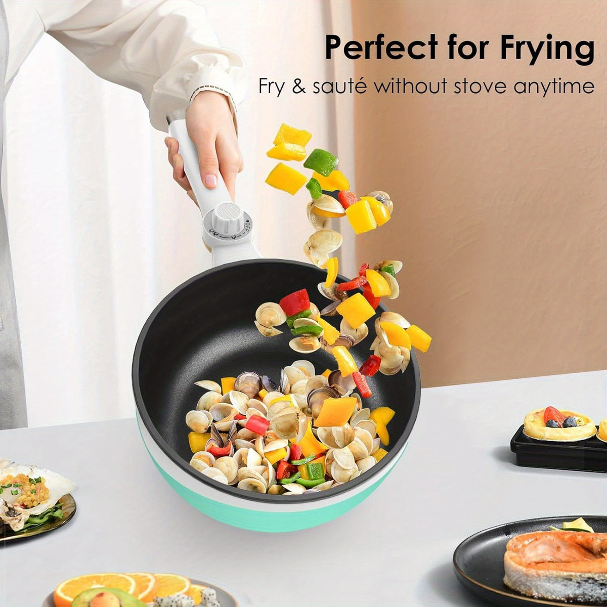 Electric Hot Pot with Steamer and Listed 57.48oz Capacity, Portable Nonstick Mini Skillet with Adjustable Power in Beige or Green for Noodles and Kitchen Meals