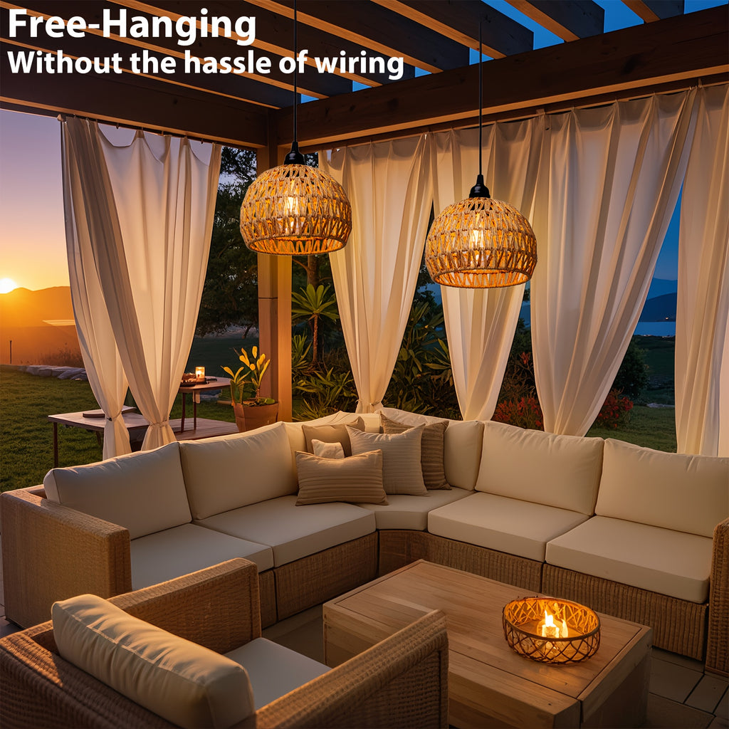 Battery Pendant Lights in a Two-Piece Woven Rattan-Style Set with Remote Control, Dimmable Warm White LED and Timer for Decorative Hanging Displays