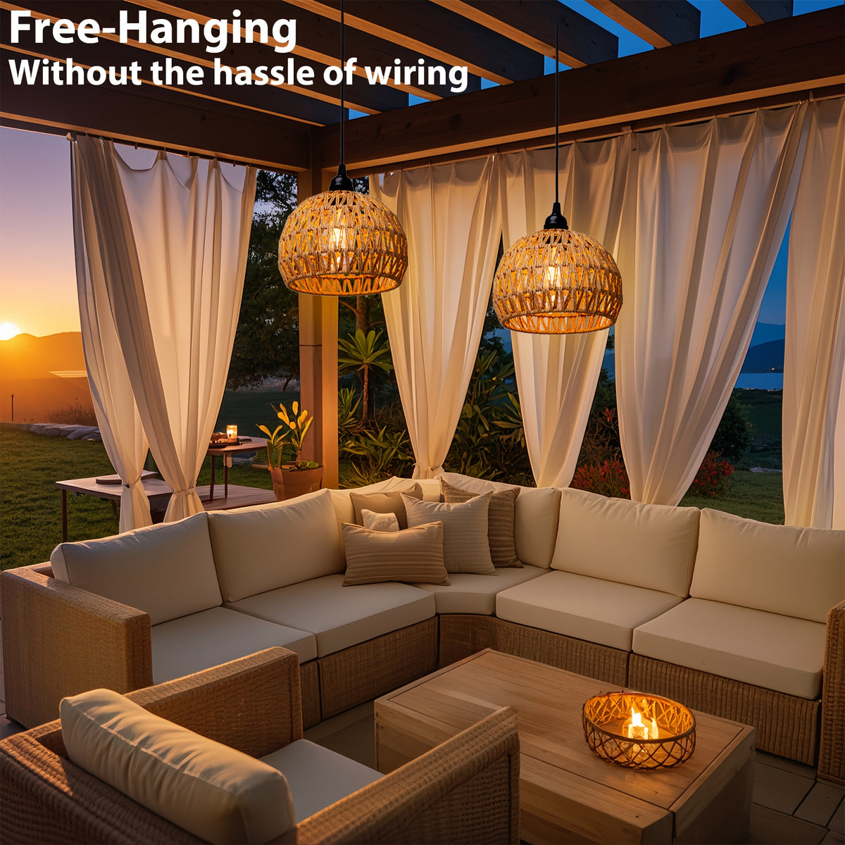 Battery Pendant Lights in a Two-Piece Woven Rattan-Style Set with Remote Control, Dimmable Warm White LED and Timer for Decorative Hanging Displays