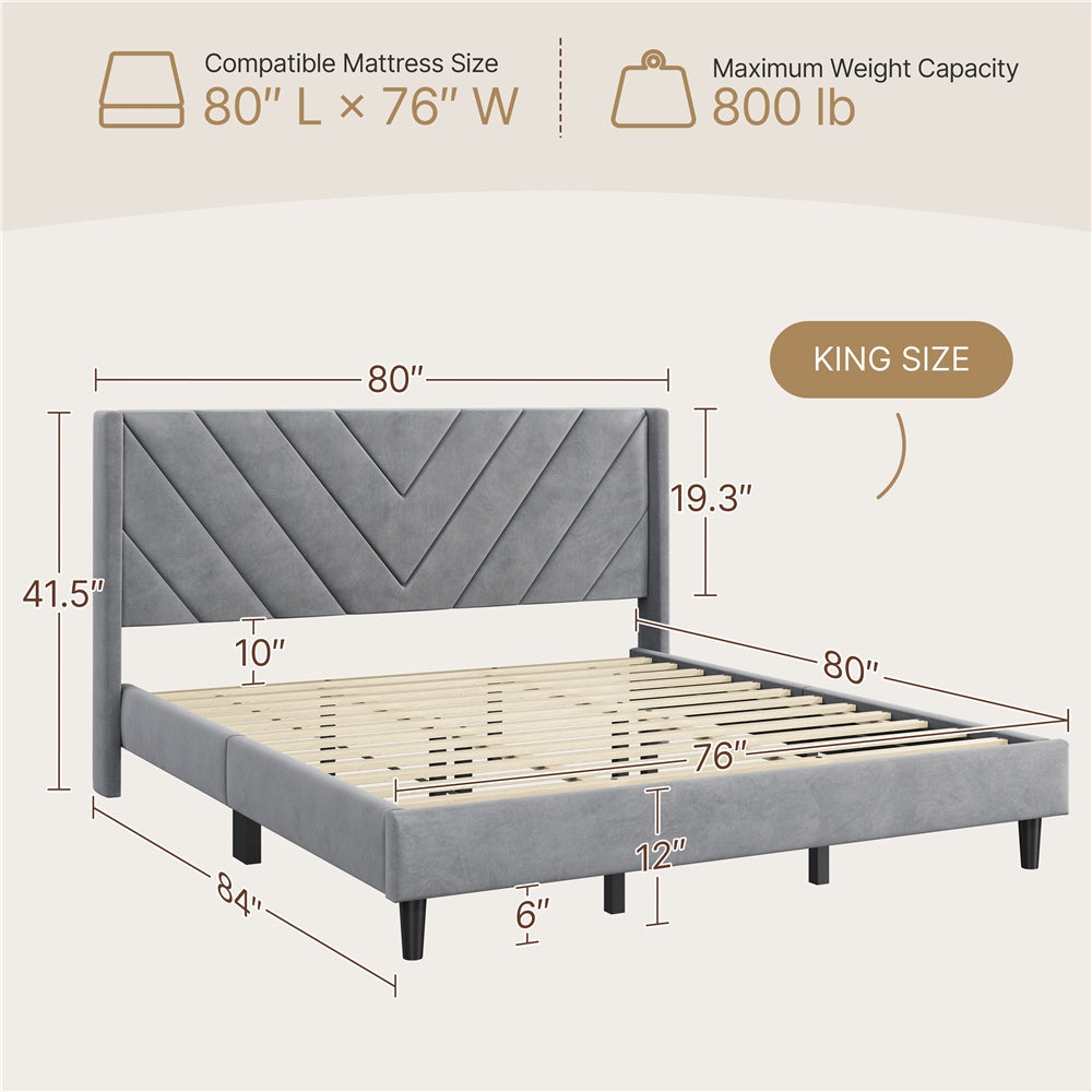 Velvet Platform Bed Frame by Costoffs with Wingback Headboard and Geometric Stitching, Wooden Slat Support, No Box Spring Needed, Twin to King Options