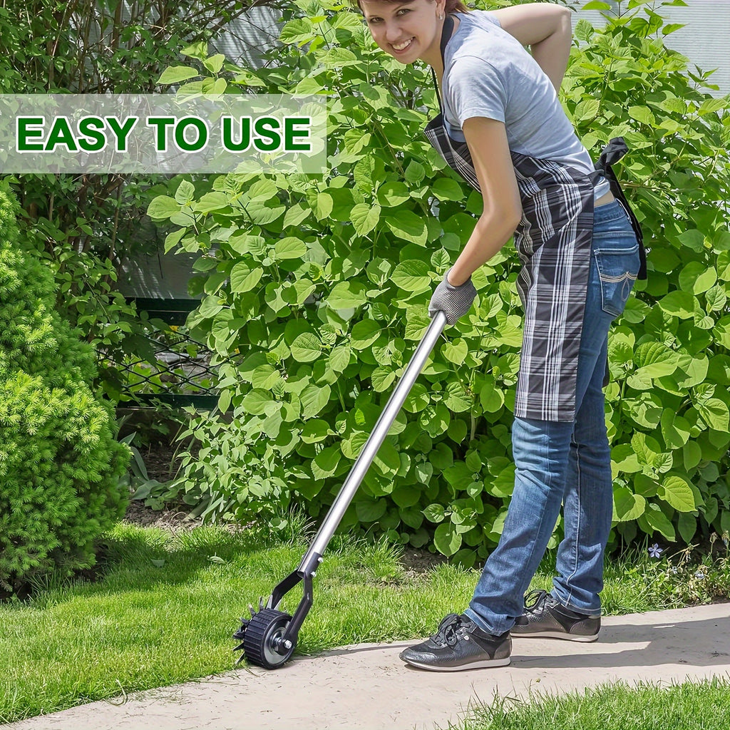 Manual Wheeled Lawn Edger by Sakerplus with Stainless Steel Sectional Handle, Three or Four Pole Sections for Garden Borders and Sidewalk Grass Trimming
