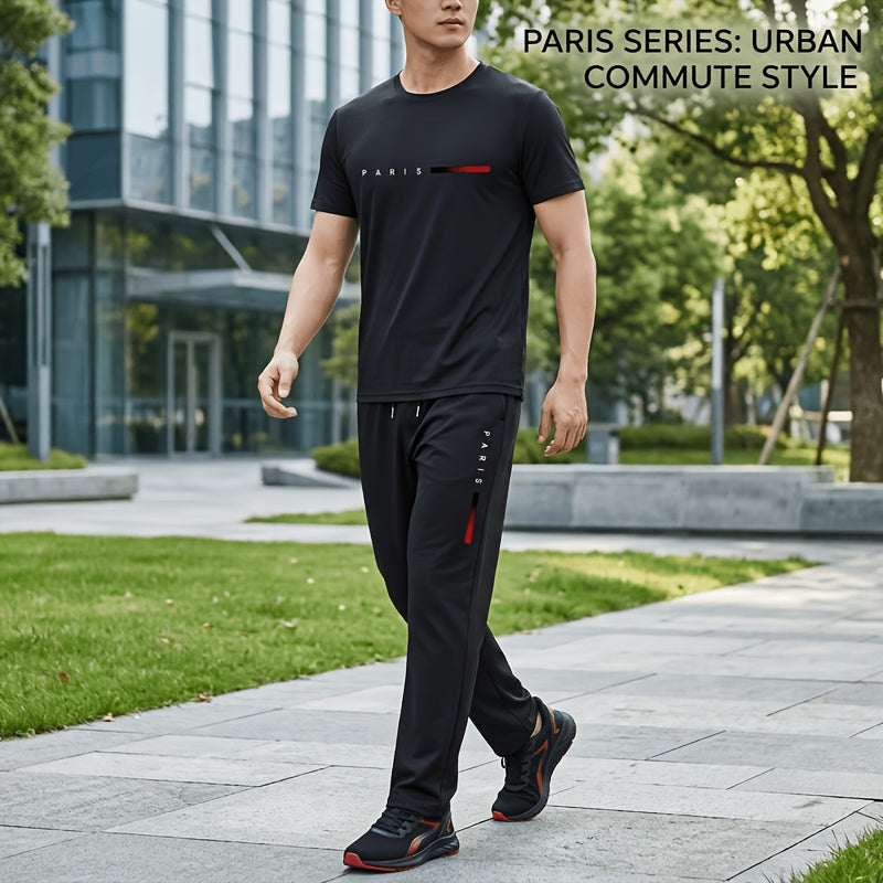 Men's Two-Piece Outfit with Printed Short Sleeve Crew Neck Top and Straight Pants, Seven Color Options and S to XXL Sizes for Casual Spring and Summer Style
