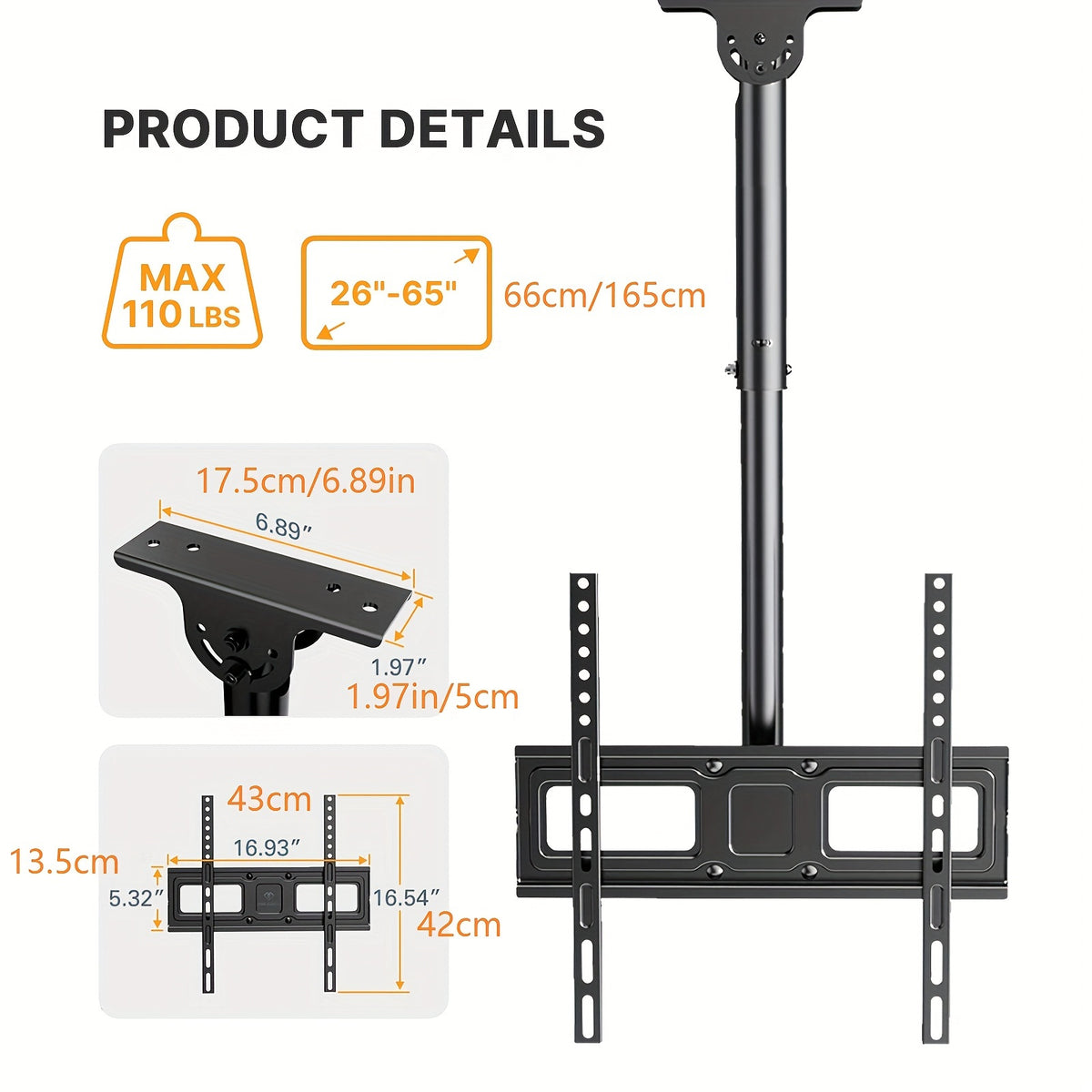Ceiling TV Mount with 360-Degree Swivel, Adjustable Tilt and Hidden Cable Management, Black Overhead Bracket for Compatible Flat or Curved TVs