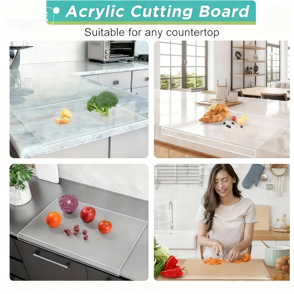 Clear Acrylic Cutting Board with Counter Lip, 15 x 12 Inch Kitchen Countertop Protector with 4 Silicone Non-Slip Dots for Slicing and Meal Prep