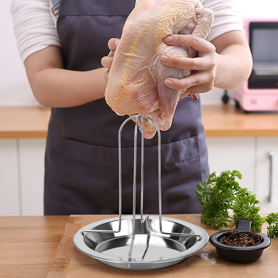 Chicken Roasting Rack with Drip Tray and Foldable Stainless Steel Design, Single Vertical Stand for Compatible Oven, Barbecue and Smoker Cooking
