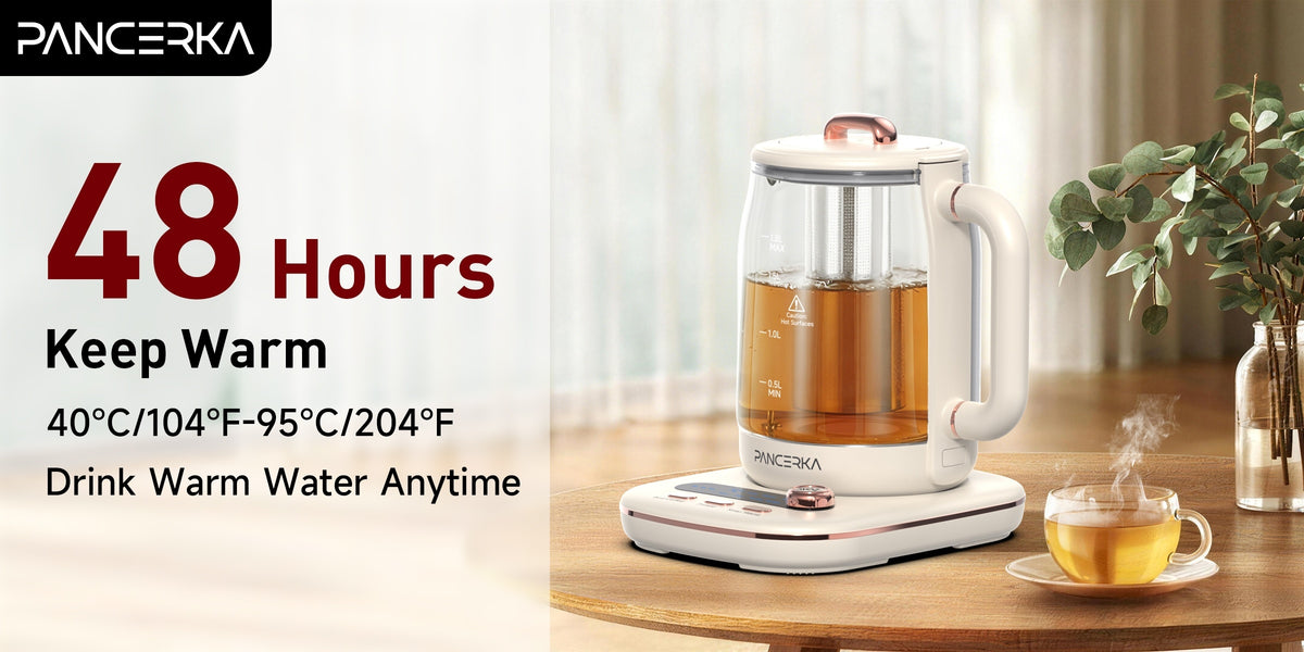 Electric Glass Tea Maker by PANCERKA, 1.8L Multifunction Kettle with Infuser and Detachable Filter in Beige for Home Tea Brewing & Kitchen Use