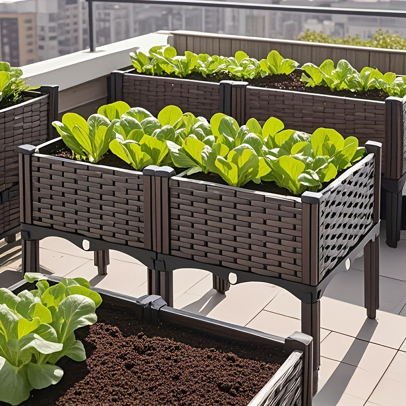 1/2/4pcs Linkable Leg Elevated Planters, Classic Woven Black Plastic Planting Boxes, Suitable for Outdoor Use - Ideal for Growing Flowers, Vegetables, And Herbs | Lightweight And Durable, Multi-Component Design Elevated Planter