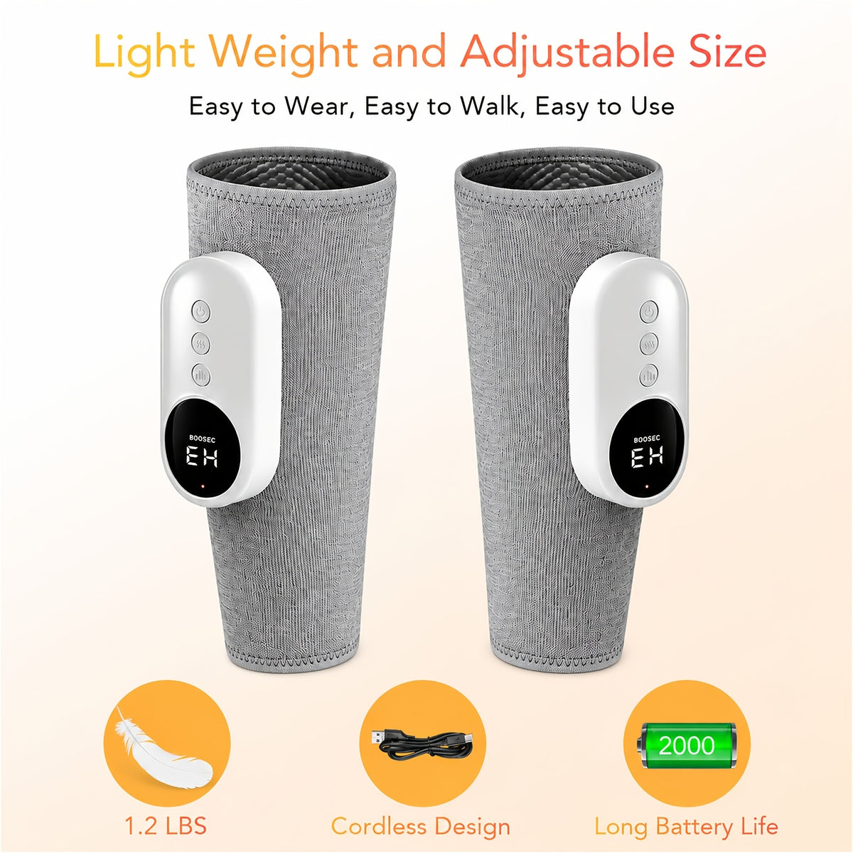 Grey Rechargeable Compression Leg Massager, One-Piece USB-Charging Device with Listed 2000mAh Battery, Three Intensity Levels and Three Temperature Settings