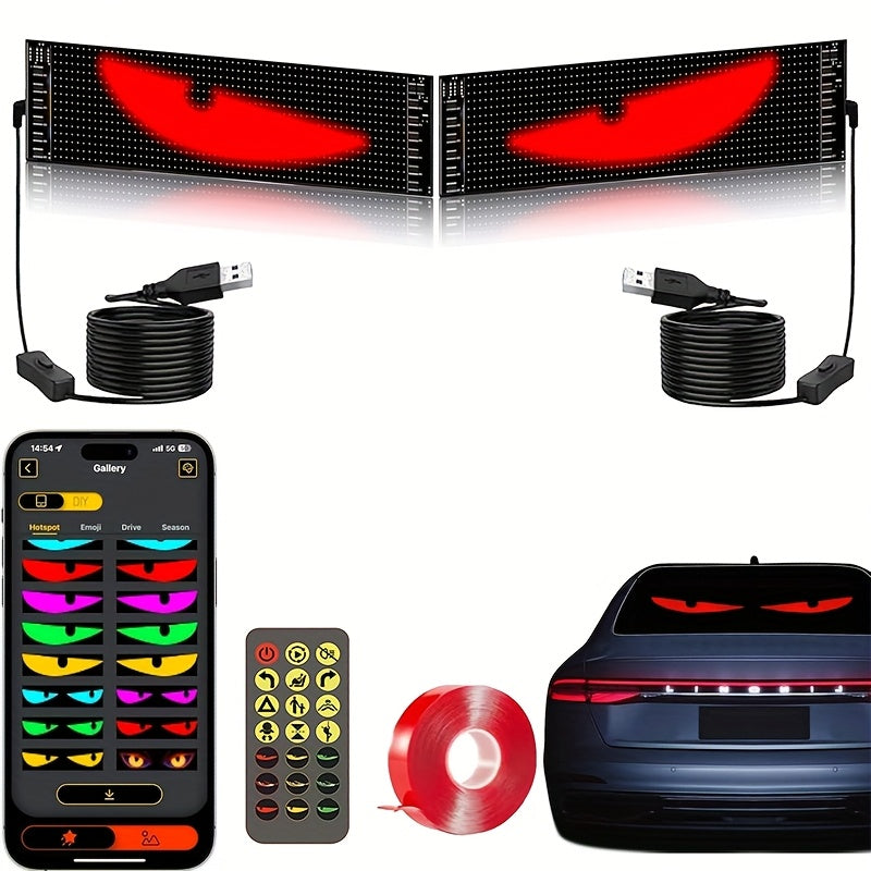 LED Devil's Eye Matrix Panels, Two-Piece Flexible USB 5V Decorative Display with App and Remote Controls, Programmable Animation and Text for Car Displays