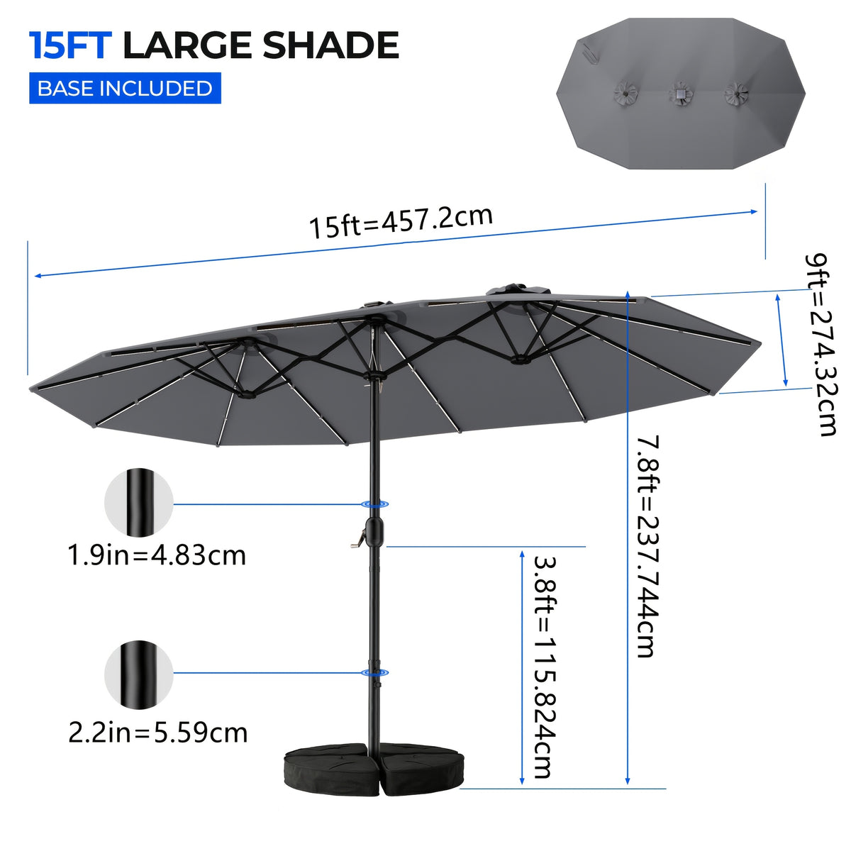 Double-Sided Solar Patio Umbrella with 48 LED Lights, 15ft Outdoor Shade Canopy with Crank Handle, 12 Ribs, Base and Four Sandbags in Blue or Light Blue