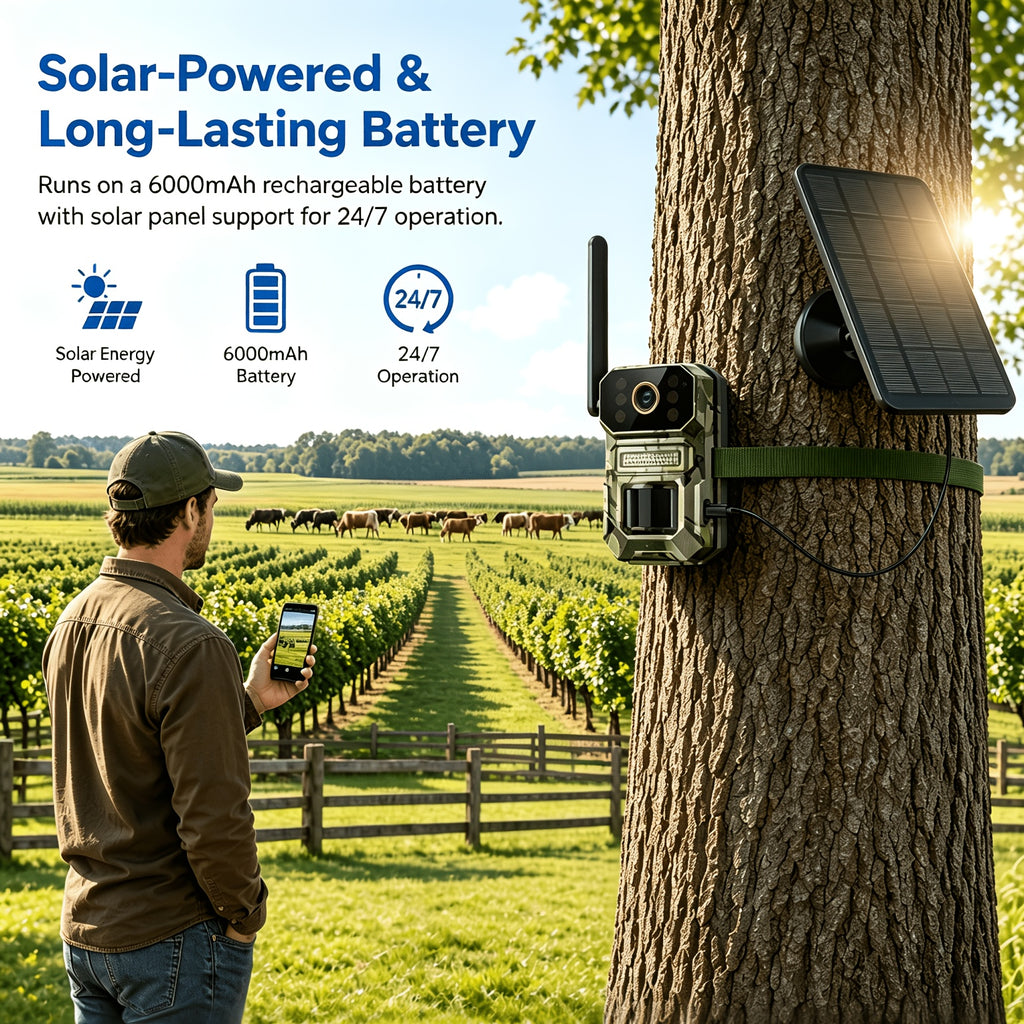 Farm Solar Trail Camera for Orchard and Livestock Monitoring with 125° Wide-Angle View, Listed 20W Solar Panel, 6000mAh Battery and Mounting Straps