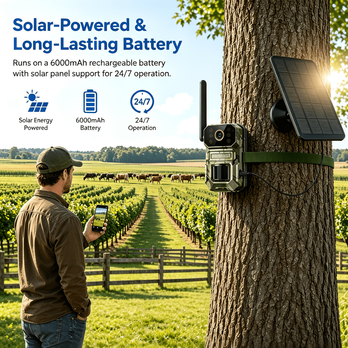 Farm Solar Trail Camera for Orchard and Livestock Monitoring with 125° Wide-Angle View, Listed 20W Solar Panel, 6000mAh Battery and Mounting Straps