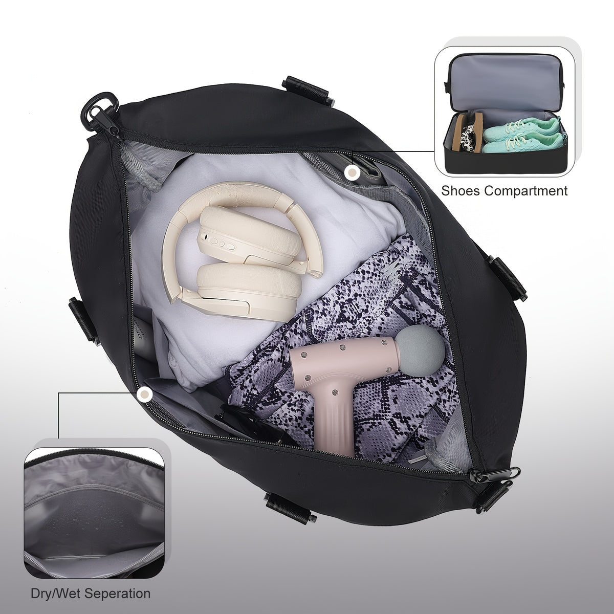 Women's Travel Duffel and Toiletry Bag Set with Nine Pockets, Shoe Compartment, Wet Pocket and Luggage Sleeve for Gym and Weekend Trips