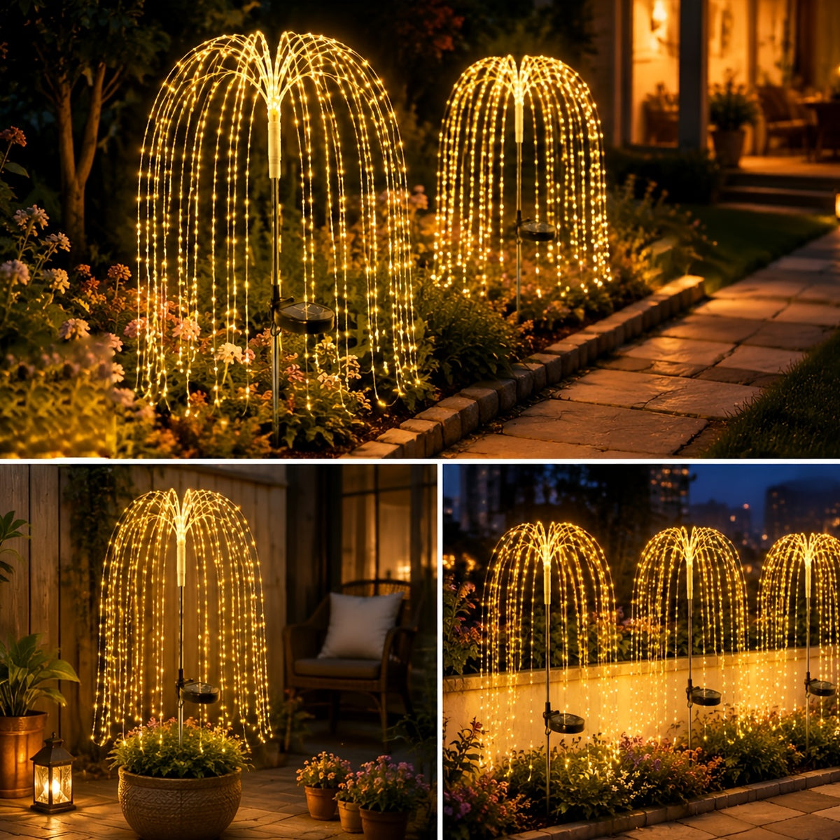 Solar Willow Branch Lights, 2-Piece LED Garden Decor with 100 LEDs and 8 Twinkling Modes for Patios, Courtyards, Pathways, Weddings and Holiday Displays