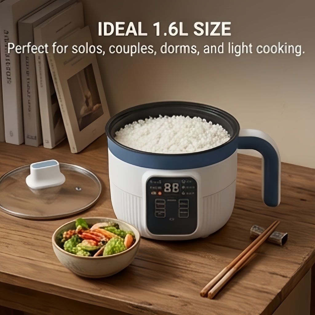 Mini Electric Cooking Pot with Listed Six Modes, White Single- or Double-Layer Options for Steaming, Rice, Soup and Pasta in Small Household Kitchens