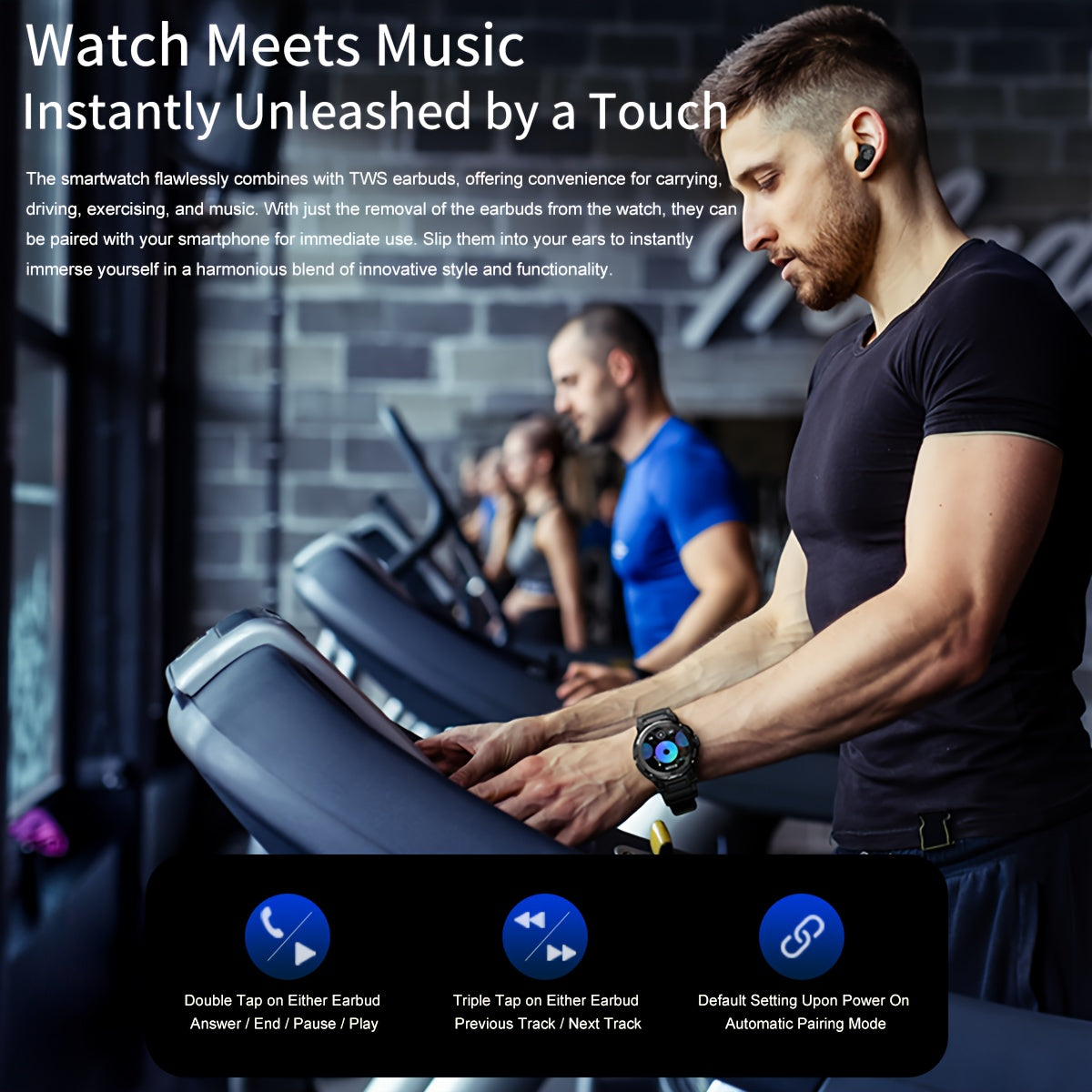 Smart Watch with Built-In Earphones, Listed 1.46-Inch IPS Touchscreen and 100+ Sports Modes, Black Fitness Tracker with Strap for iPhone and Android Phones