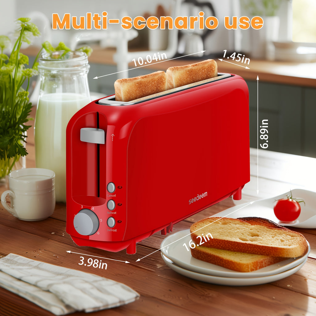 Slim Long Slot Toaster by SEEDEEM, 2-Slice 750W Breakfast Toaster with 1.45-Inch Wide Slot, 6 Shade Settings, Reheat, Defrost and Crumb Tray