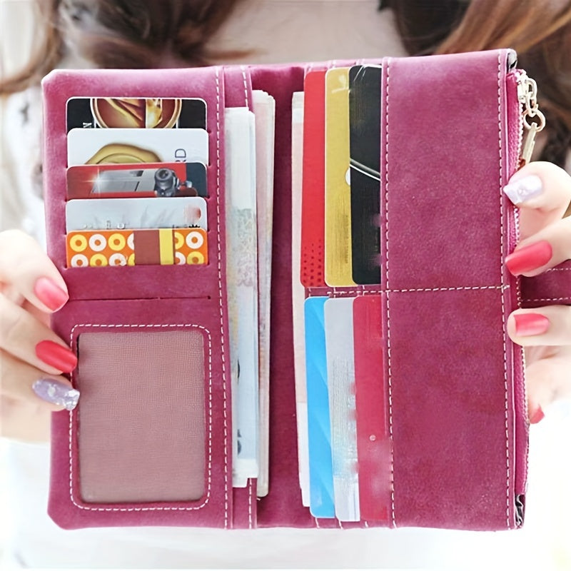 Womens Long Wallet Clutch with Photo Window and Credit Card Organizer, Solid Color Everyday Accessory in Green, Pink, Brown, Dark Blue, Rose Red, Purple or Gray